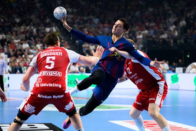 Cologne, Germany Handball EHF CL Final 4 semi-final Aalborg Handbold Barca v li Sander Sagosen Aalborg , Domen Makuc Barcelona , Rene Antonsen Aalborg Cologne Lanxess Arena Nordrhein Westfalen Germany