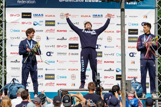 Raffaello Ivaldi ITA , Adam Burgess GBR , Matej Benus SVK at ICF CANOE SLALOM WORLD CUP, Canoeing, Men, Canoe, 2026, on 13 06 2026 in Augsburg, Eiskanal Bayern Germany