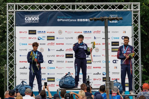 Raffaello Ivaldi ITA , Adam Burgess GBR , Matej Benus SVK at ICF CANOE SLALOM WORLD CUP, Canoeing, Men, Canoe, 2026, on 13 06 2026 in Augsburg, Eiskanal Bayern Germany