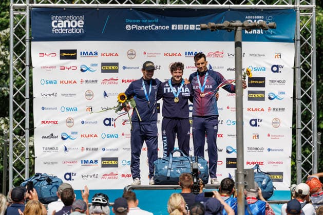 Raffaello Ivaldi ITA , Adam Burgess GBR , Matej Benus SVK at ICF CANOE SLALOM WORLD CUP, Canoeing, Men, Canoe, 2026, on 13 06 2026 in Augsburg, Eiskanal Bayern Germany