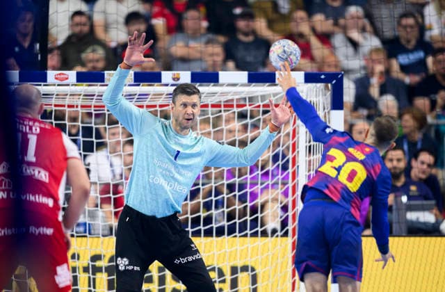 from l Goalkeeper Niklas LANDIN AH , Aleix GOMEZ Barca throw, action semi-final Aalborg Handbold AH vs Barca, on 13 06 2026 Men Handball EHF Champions League Final4 2026, from 13 06 14 06 2026 in Cologne Germany Lanxess Arena