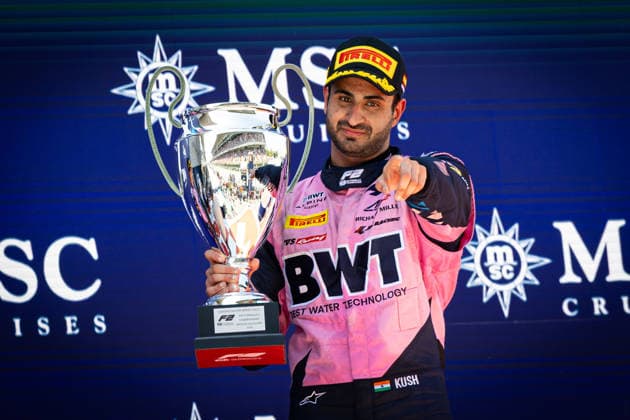 AUTO - FORMULA 2 2026 - BARCELONA MAINI Kush (ind), ART Grand Prix, Dallara F2 2024, portrait podium during the 5th round of the 2026 FIA Formula 2 Championship from June 12 to 14, 2026 on the Circuit de Barcelona-Catalunya, in Montmelo, Spain - MontmeloSpain  Copyright: xXavixBonillax