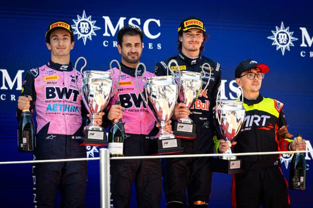 AUTO - FORMULA 2 2026 - BARCELONA MINI Gabriele (ita), MP Motorsport, Dallara F2 2024, portrait MAINI Kush (ind), ART Grand Prix, Dallara F2 2024, portrait TSOLOV Nikola (bul), Campos Racing, Dallara F2 2024, portrait podium during the 5th round of the 2026 FIA Formula 2 Championship from June 12 to 14, 2026 on the Circuit de Barcelona-Catalunya, in Montmelo, Spain - MontmeloSpain  Copyright: xXavixBonillax