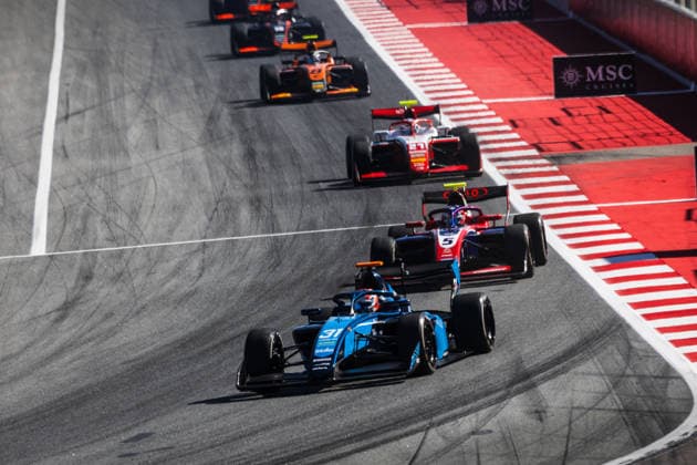 AUTO - FORMULA 3 2026 - BARCELONA 31 XIE Gerrard (chn), DAMS Lucas Oil, Dallara F3 2025, action 05 SLATER Freddie (gbr), Trident, Dallara F3 2025, action during the 3rd round of the 2026 FIA Formula 3 Championship from June 12 to 14, 2026 on the Circuit de Barcelona-Catalunya, in Montmelo, Spain - MontmeloSpain  Copyright: xXavixBonillax