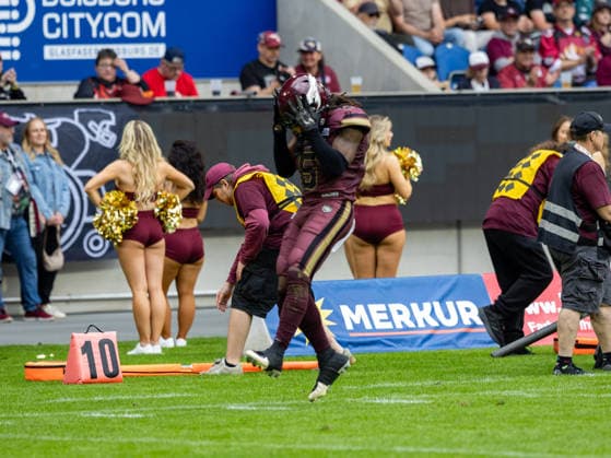 5 Nazir Streater (Defensive Back) Rhein Fire celebration after the tackle. Rhein Fire vs Paris Lights, American Football, American Football League Europe, WEEK 4, 2026, 13.06.2026, Duisburg Schauinsland-Reisen-Arena Germany Copyright: xFootxBowl ChristopherxMettkenx