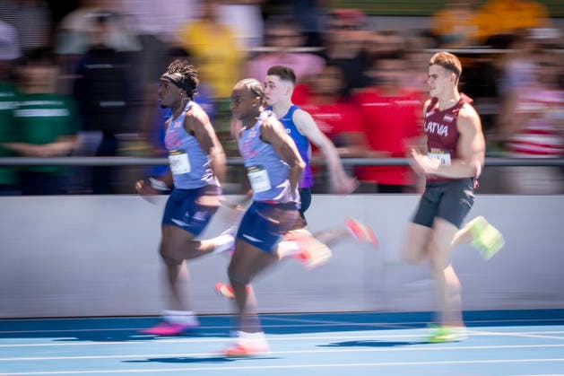 MANNHEIM, GERMANY - JUNE 13, 2026 : Mathew Ajayi (GBR Great Britain & N.I.) and Dylan Williams (GBR Great Britain & N.I.) competing in the men’s 100m during the Juniorengala 2026 at Michael-Hoffmann-Stadion on June 13, 2026 in Mannheim, Germany. Baden-Wuerttemberg Germany Copyright: xAxelxKohringx