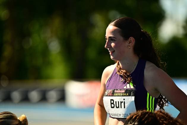 Xenia Buri from Switzerland smiles after her competition at the 32 Bauhaus Junior Gala at the Michael Hoffmann Stadium in Mannheim The athlete wears her bib license plate with the name Buri and the event logo Xenia Buri 310 at the Junior Gala Mannheim 2026 Copyright: xMichaelxGelhardtx