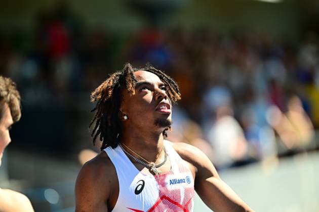 Bright Otiora Belgium looks up with his mouth open, visibly exhausted or emotional after his competition The sprinter wears an Asics jersey with Allianz sponsorship Bright Otiora looks up in the Michael Hoffmann Stadium Mannheim Copyright: xMichaelxGelhardtx