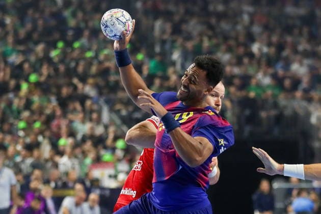 Cologne 13.06.2026. Pilka reczna EHF Liga Mistrzow sezon 2025 26 final4 mecz: Aalborg Handbold - Barca --- Handball EHF Champions League season 2025 26 final4 match: Aalborg Handbold - Barca nz Nguessan Timothey Fot. Kacper Staniec NEWSPIX.PL --- newspix.pl 
