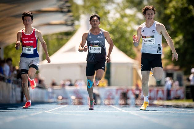MANNHEIM, GERMANY - JUNE 13, 2026 : Markus Le Fjeld (NOR Norway), Ashik Begum (SUI Switzerland), Lennox Schmidt (GER SCC Berlin) competing in the men’s U20 100m during the Juniorengala 2026 at Michael-Hoffmann-Stadion on June 13, 2026 in Mannheim, Germany. Baden-Wuerttemberg Germany Copyright: xAxelxKohringx