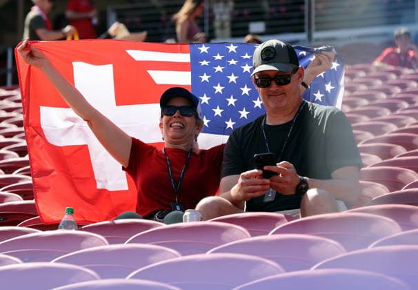 FIFA World Cup, WM, Weltmeisterschaft, Fussball 2026 - Group B - Qatar vs Switzerland Spectators with a Swiss USA combo flag prior to the FIFA World Cup 2026 group stage match Qatar against Switzerland, in San Francisco, USA, 13 June 2026. SAN FRANCISCO United States  Copyright: xBENJAMINxFANJOYx