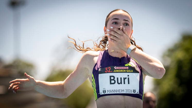 MANNHEIM, GERMANY - JUNE 13, 2026 : Xenia Buri (SUI Switzerland) reacts after crossing the finish line of the women’s U20 100m competing during the Juniorengala 2026 at Michael-Hoffmann-Stadion on June 13, 2026 in Mannheim, Germany. Baden-Wuerttemberg Germany Copyright: xAxelxKohringx