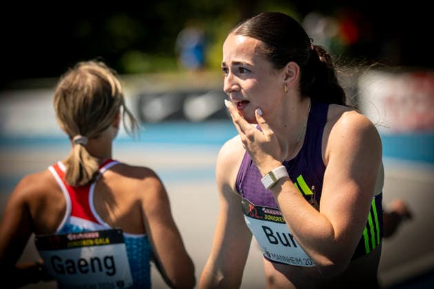 MANNHEIM, GERMANY - JUNE 13, 2026 : Xenia Buri (SUI Switzerland) reacts after crossing the finish line of the women’s U20 100m competing during the Juniorengala 2026 at Michael-Hoffmann-Stadion on June 13, 2026 in Mannheim, Germany. Baden-Wuerttemberg Germany Copyright: xAxelxKohringx