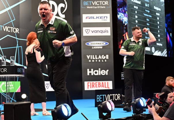 13 06 2026, xhbx, Dart World Cup of Darts 2026, v l Daryl Gurney Northern Ireland , Josh Rock Northern Ireland cheers after the end of the match DFL DFB REGULATIONS PROHIBIT ANY USE OF PHOTOGRAPHS as IMAGE SEQUENCES and or QUASI VIDEO Frankfurt