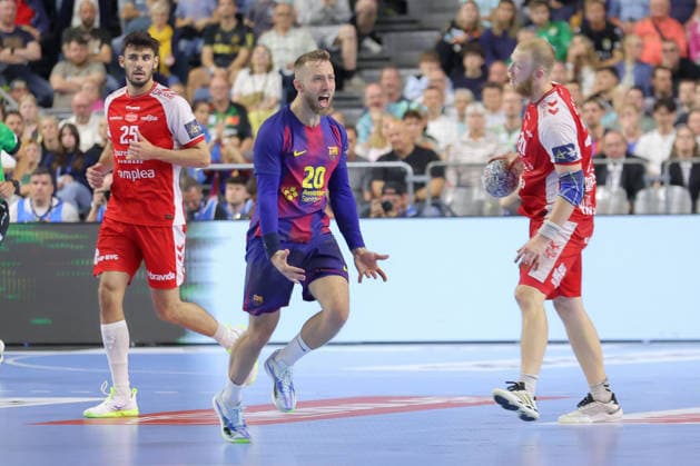 13 06 2025, xtgx, handball, EHF Champions League semi-final, Aalborg Handbold FC Barcelona v l Aleix Gomez Barcelona, 20 jubilation, goal celebration, celebrate the goal, celebration Koeln