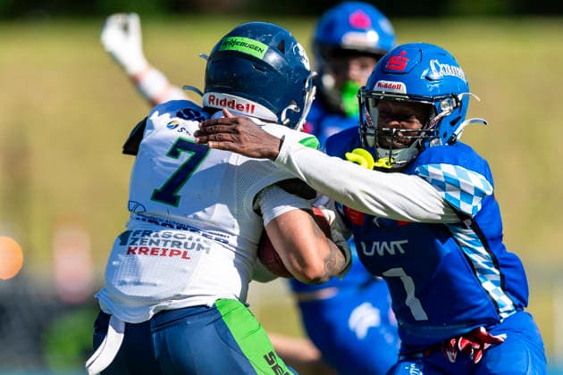 Anthony Green WR, Straubing Spiders, 7 is stopped by Chris Lipsey Allgaeu Comets, RB DB, 1 GER, Allgaeu Comets vs Straubing Spiders, American Football, GFL, Season 2026, Week 06, 13 06 2026 GER, Allgaeu Comets vs Straubing Spiders, American Football, GFL, Season 2026, Week 06, 13 06 2026 Kempten Copyright: xEibner-Pressefoto FlorianxWolfx EP_FWF