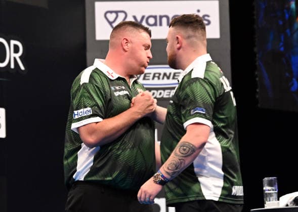 13 06 2026, xhbx, Dart World Cup of Darts 2026, v l Daryl Gurney Northern Ireland , Josh Rock Northern Ireland cheers after the end of the match DFL DFB REGULATIONS PROHIBIT ANY USE OF PHOTOGRAPHS as IMAGE SEQUENCES and or QUASI VIDEO Frankfurt