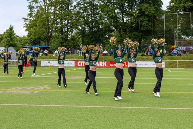 13 06 2026 American Football German Football League 2026 Kiel Baltic Hurricanes Düsseldorf Panther Kiel in green, Düsseldorf in white The KBH Dancers during the pre-game show Kiel Kilia Stadium, Hasseldieksdammer Schleswig Holstein Germany