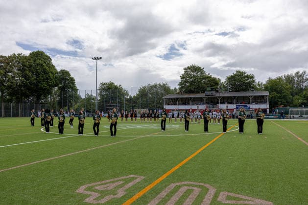 13 06 2026 American Football German Football League 2026 Kiel Baltic Hurricanes Düsseldorf Panther Kiel in green, Düsseldorf in white The KBH Dancers during the pre-game show Kiel Kilia Stadium, Hasseldieksdammer Schleswig Holstein Germany