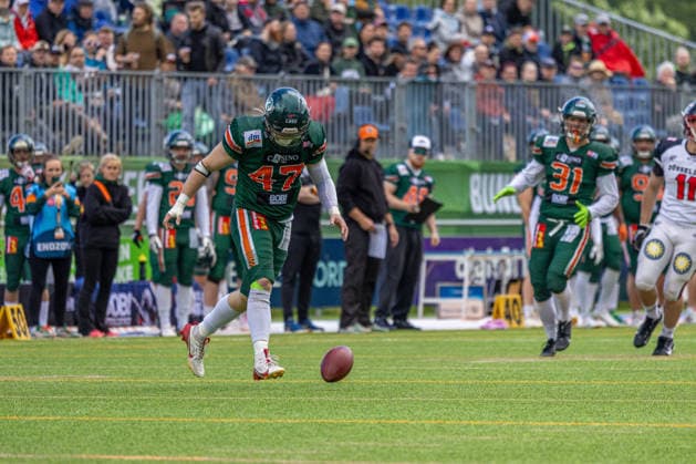 13 06 2026 American Football German Football League 2026 Kiel Baltic Hurricanes Düsseldorf Panther Kiel in green, Düsseldorf in white Thiago Lessow Kiel Kilia Stadium, Hasseldieksdammer Schleswig Holstein Germany