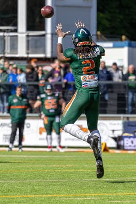 13 06 2026 American Football German Football League 2026 Kiel Baltic Hurricanes Düsseldorf Panther Kiel in green, Düsseldorf in white Jarvis McClam Kiel Kilia Stadium, Hasseldieksdammer Schleswig Holstein Germany