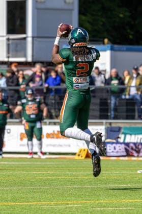 13 06 2026 American Football German Football League 2026 Kiel Baltic Hurricanes Düsseldorf Panther Kiel in green, Düsseldorf in white Jarvis McClam Kiel Kilia Stadium, Hasseldieksdammer Schleswig Holstein Germany