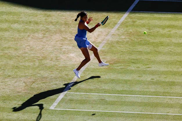 RECORD DATE NOT STATED 13th June 2026; HSBC Championships, Queens Club, West Kensington, London, England; HSBC Championships Tennis, Day Four; Emma Raducanu (GBR) plays a forehand shot against Iva Jovic (USA) in their Semifinal match HongboxChen