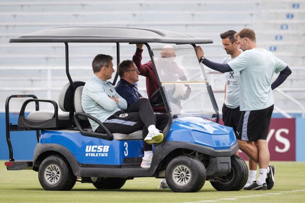 FOOTBALL - FIFA World Cup, WM, Weltmeisterschaft, Fussball 2026, preview SANTA BARBARA,CALIFORNIA,USA,13.JUN.26 - FOOTBALL - FIFA World Cup 2026, USA, Mexico, Canada, preview, OEFB, Oesterreichischer Fussball-Bund, training team AUT. Image shows press officer Thomas Trukesitz, head coach Ralf Rangnick, assistant coach Onur Cinel, assistant coach Stefan Oesen and assistant coach Lars Kornetka (AUT).  GEPAxpictures xArminxRauthner