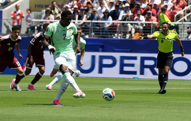 FIFA World Cup, WM, Weltmeisterschaft, Fussball 2026 - Group B - Qatar vs Switzerland Breel Embolo of Switzerland scores the 1-0 by penalty during the FIFA World Cup 2026 group stage match Qatar against Switzerland, in San Francisco, USA, 13 June 2026. SAN FRANCISCO United States  Copyright: xBENJAMINxFANJOYx