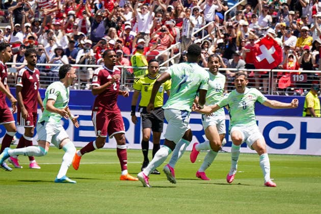 USA Soccer FIFA World Cup 2026 Group B Switzerland vs Qatar Levi™s Stadium Santa Clara, California after foul by Mahmoud Abunada Qatar, 1 converts Breel Embolo Switzerland, 7 the penalty, penalty to 1 0 Joy, emotions, jubilation, goal and goal celebration with Remo Freuler Switzerland, 8 Ricardo Rodriguez Ricardo Rodriguez Switzerland, 13 Copyright: xJOERANxSTEINSIEKx