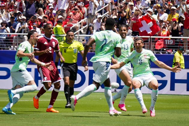 USA Soccer FIFA World Cup 2026 Group B Switzerland vs Qatar Levi™s Stadium Santa Clara, California after foul by Mahmoud Abunada Qatar, 1 converts Breel Embolo Switzerland, 7 the penalty, penalty to 1 0 Joy, emotions, jubilation, goal and goal celebration with Remo Freuler Switzerland, 8 Ricardo Rodriguez Ricardo Rodriguez Switzerland, 13 Copyright: xJOERANxSTEINSIEKx