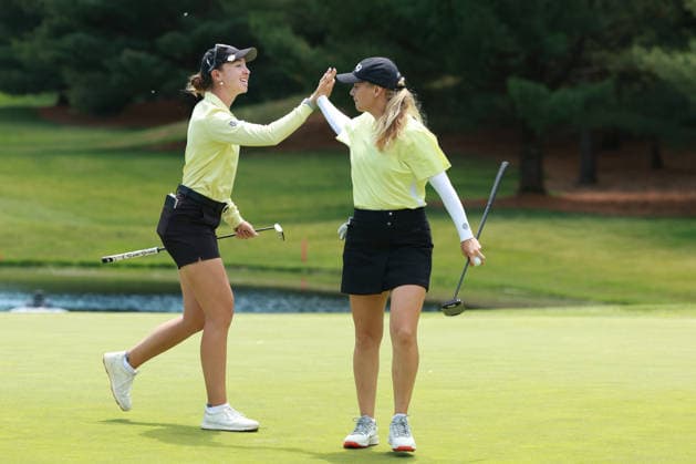 Dow Championship MIDLAND, MICHIGAN - JUNE 13: Celine Borge of Norway celebrates with Polly Mack of Germany after her putt on the fifth green during the third round of the Dow Championship at Midland Country Club in Midland, Michigan, USA on Saturday, June 13, 2026. Midland Michigan United States  Copyright: xJorgexLemusx originalFilename:lemus-dowchamp260613_npnHg.jpg