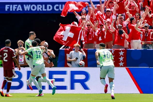 FIFA World Cup, WM, Weltmeisterschaft, Fussball 2026 - Group B - Qatar vs Switzerland Switzerland s soccer players celebrate the 0:1 penalty goal scored by Switzerland s Breel Embolo during the FIFA World Cup 2026 group stage match Qatar against Switzerland, in San Francisco, USA, 13 June 2026. San Francisco United States  Copyright: xPETERxKLAUNZERx