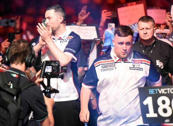 13 06 2026, xhbx, Dart World Cup of Darts 2026, v l Luke Humphries England , Luke Littler England DFL DFB REGULATIONS PROHIBIT ANY USE OF PHOTOGRAPHS as IMAGE SEQUENCES and or QUASI VIDEO Frankfurt
