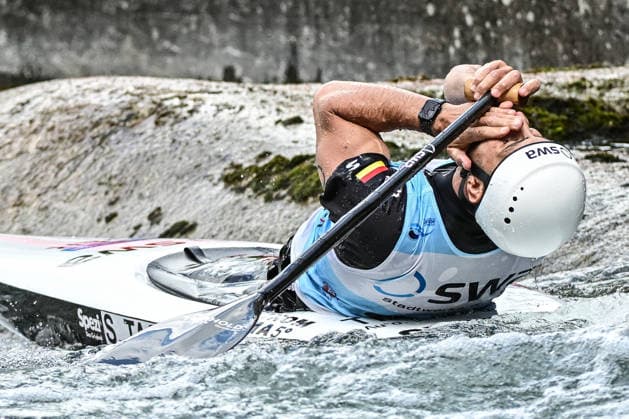 ICF Canoe Slalom World Cup 13 06 2026, Ice Canal, Augsburg Sideris Tasiadis GER desperate at the finish, Men s Canoe Final,, Augsburg, 13 06 2026 Canoe World Cup, Slalom K1, Augsburg, Ice Canal Copyright: xBEAUTIFULxSPORTS Märklx