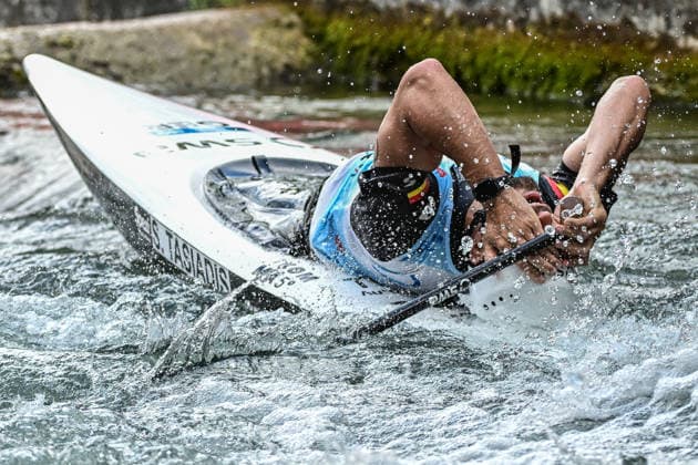 ICF Canoe Slalom World Cup 13 06 2026, Ice Canal, Augsburg Sideris Tasiadis GER desperately misses the podium at the finish, Men s Canoe Final,, Augsburg, 13 06 2026 Canoe World Cup, Slalom K1, Augsburg, Ice Canal Copyright: xBEAUTIFULxSPORTS Märklx