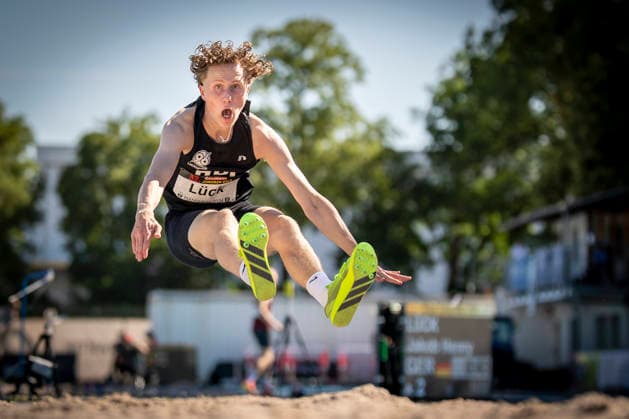 MANNHEIM, GERMANY - JUNE 13, 2026 : Jakob Henry Lueck (GER Hannover 96) competing in the men’s U20 triple jump during the Juniorengala 2026 at Michael-Hoffmann-Stadion on June 13, 2026 in Mannheim, Germany. Baden-Wuerttemberg Germany Copyright: xAxelxKohringx