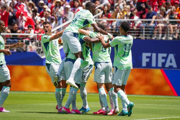 USA Soccer FIFA World Cup 2026 Group B Switzerland vs Qatar Levi™s Stadium Santa Clara, California Goal and goal celebration after the 1 0 penalty, foul penalty by Breel Embolo Switzerland, 7 Joy, emotions, jubilation among teammates with Granit Xhaka Switzerland, 10 Denis Zakaria Switzerland, 6 Dan Ndoye Switzerland, 11 Copyright: xJOERANxSTEINSIEKx