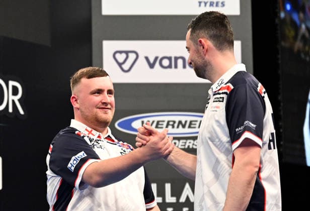 13 06 2026, xhbx, Dart World Cup of Darts 2026, v l Luke Littler England , Luke Humphries England cheering after the end of the match DFL DFB REGULATIONS PROHIBIT ANY USE OF PHOTOGRAPHS as IMAGE SEQUENCES and or QUASI VIDEO Frankfurt