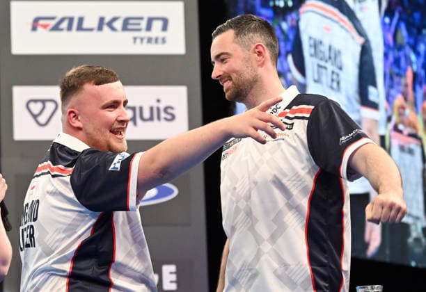 13 06 2026, xhbx, Dart World Cup of Darts 2026, v l Luke Littler England , Luke Humphries England cheering after the end of the match DFL DFB REGULATIONS PROHIBIT ANY USE OF PHOTOGRAPHS as IMAGE SEQUENCES and or QUASI VIDEO Frankfurt