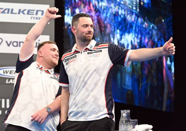 13 06 2026, xhbx, Dart World Cup of Darts 2026, v l Luke Littler England , Luke Humphries England cheering after the end of the match DFL DFB REGULATIONS PROHIBIT ANY USE OF PHOTOGRAPHS as IMAGE SEQUENCES and or QUASI VIDEO Frankfurt