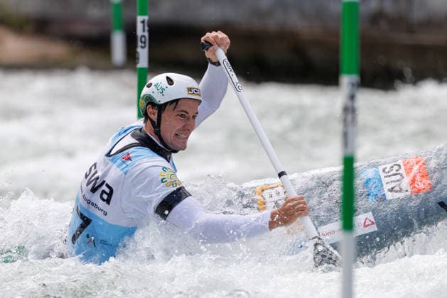 Kaylen Bassett AUS at ICF CANOE SLALOM WORLD CUP, Canoeing, Men, Canoe, 2026, on 13 06 2026 in Augsburg, Eiskanal Bayern Germany