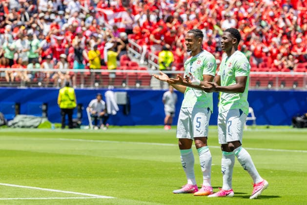SANTA CLARA, CA - JUNE 13: Breel Embolo 7 of Switzerland celebrates a goal on a penalty shot with Manuel Akanji 5 of Switzerland during the FIFA World Cup, WM, Weltmeisterschaft, Fussball 2026 Group B match between Qatar and Switzerland on June 13, 2026 at San Francisco Bay Area Stadium in Santa Clara, CA. (Photo by Matthew Huang Icon Sportswire) SOCCER: JUN 13 FIFA World Cup 26 Group B - Qatar vs Switzerland EDITORIAL USE ONLY Icon260613016