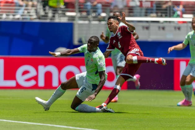 SANTA CLARA, CA - JUNE 13: Edmilson Junior 8 of Qatar shoots during the first half of the FIFA World Cup, WM, Weltmeisterschaft, Fussball 2026 Group B match between Qatar and Switzerland on June 13, 2026 at the San Francisco Bay Area Stadium in Santa Clara, CA. (Photo by Bob Kupbens Icon Sportswire) SOCCER: JUN 13 FIFA World Cup 26 Group B - Qatar vs Switzerland EDITORIAL USE ONLY Icon260613016