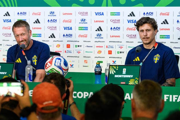 260613 Head coach Graham Potter and Victor Nilsson Lindelöf of the Swedish national football team at a press conference during day 3 of the FIFA World Cup 2026 on June 13, 2026 in Monterrey Photo Petter Arvidson BILDBYRAN kod PA PA1231 fotboll football soccer fotball vm fotbolls vm fotball vm fotbolls vm 2026 fifa world cup 2026 presskonferens press conference sverige sweden sverige a day 3 bbeng  Copyright: PETTERxARVIDSON BB260613PA006