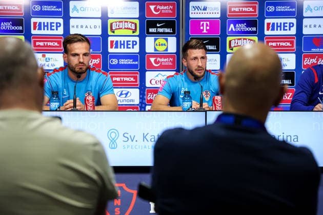 Croatia Training And press conference, PK, Pressekonferenz - FIFA World Cup, WM, Weltmeisterschaft, Fussball 2026 ALEXANDRIA, VIRGINIA - JUNE 13: Marin Pongracic and Marco Pasalic of Croatia speak to the media during the press conference of Croatia national football team at training centre at Episcopal High School on June 13, 2026 in Alexandria, Virginia.  IgorxKralj PIXSELL