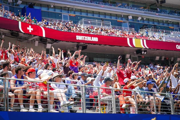USA Soccer FIFA World Cup 2026 Group B Switzerland vs Qatar Levi™s Stadium Santa Clara, California USA, San Francisco, North America, Soccer FIFA World Cup 2026, Switzerland vs Qatar, Levi™s Stadium, Swiss fans, fan block, cheering, goal celebration, spectators, Grandstand, crowd, fan culture, national team, atmosphere, supporter, matchday, sporting event, soccer, football, World Cup, LED boards, Switzerland lettering, flags, emotions, summer, major event, public viewing atmosphere, fan experience, symbol photo Copyright: xJOERANxSTEINSIEKx
