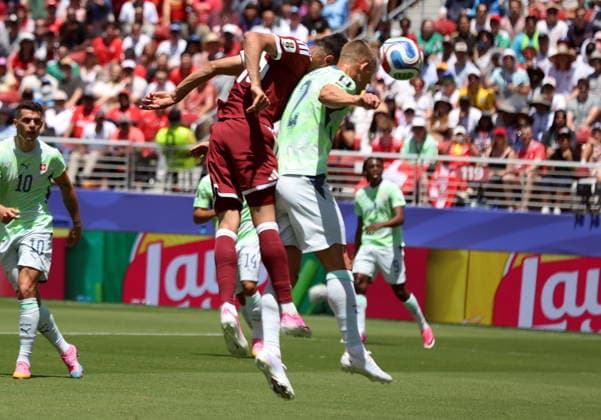 FIFA World Cup, WM, Weltmeisterschaft, Fussball 2026 - Group B - Qatar vs Switzerland Boualem Khoukhi of Qatar (C) scores the 1-1 during the FIFA World Cup 2026 group stage match Qatar against Switzerland, in San Francisco, USA, 13 June 2026. SAN FRANCISCO United States  Copyright: xBENJAMINxFANJOYx