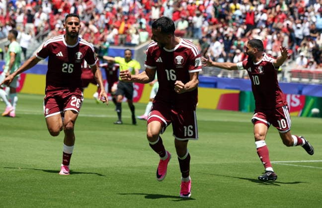 FIFA World Cup, WM, Weltmeisterschaft, Fussball 2026 - Group B - Qatar vs Switzerland Boualem Khoukhi of Qatar (C) celebrates scoring the 1-1 during the FIFA World Cup 2026 group stage match Qatar against Switzerland, in San Francisco, USA, 13 June 2026. SAN FRANCISCO United States  Copyright: xBENJAMINxFANJOYx