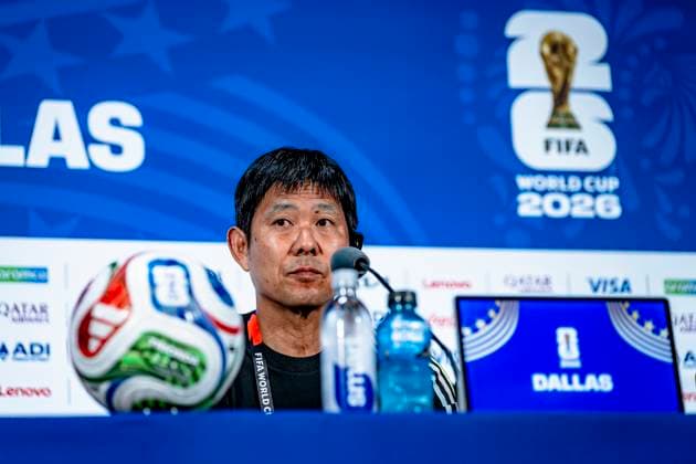 DALLAS Japan national team coach Hajime Moriyasu during the 2026 World Cup, Japan press conference and pitch check at AT T Stadium on June 13, 2026, in Dallas, United States Photo by Stefan Koops EYE4IMAGES DeFodi Images